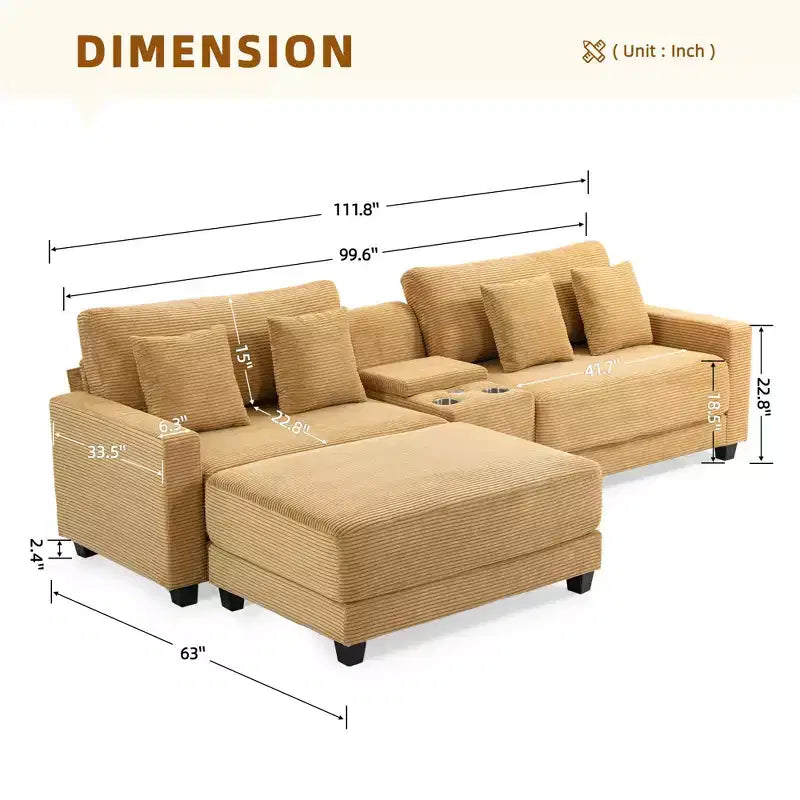 Hyleory 3 - Piece 112'' Corduroy Sectional Sofa with ottoman for living room