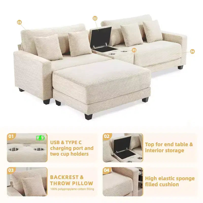 Hyleory 3 - Piece 112'' Corduroy Sectional Sofa with ottoman for living room