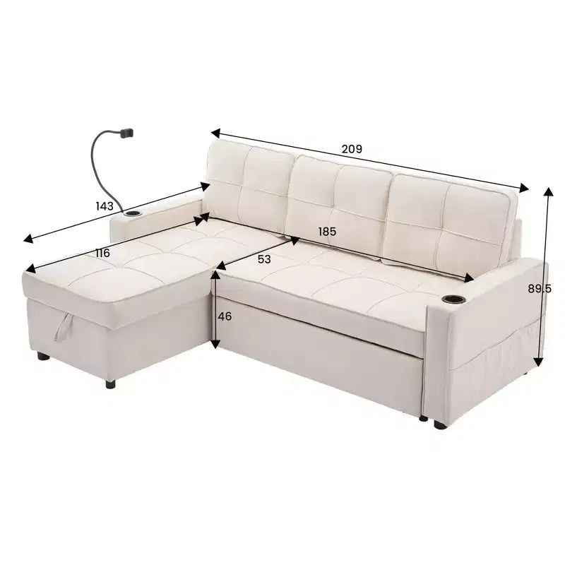 Hyleory 3 - Piece 82.2'' Velvet Upholstered Sectional Sofa Bed, Sleeper Sofa Bed