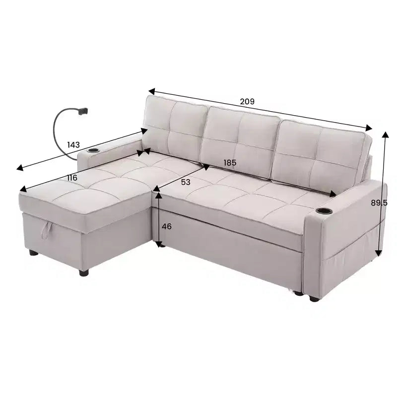 Hyleory 3 - Piece 82.2'' Velvet Upholstered Sectional Sofa Bed, Sleeper Sofa Bed
