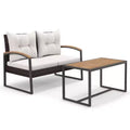 Costway 2 PCS Patio PE Wicker Furniture Set Loveseat with Acacia Wood Coffee Table Outdoor