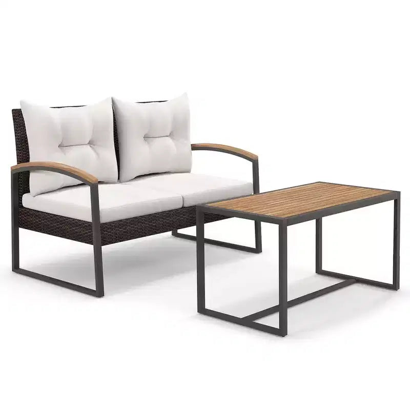 Costway 2 PCS Patio PE Wicker Furniture Set Loveseat with Acacia Wood Coffee Table Outdoor