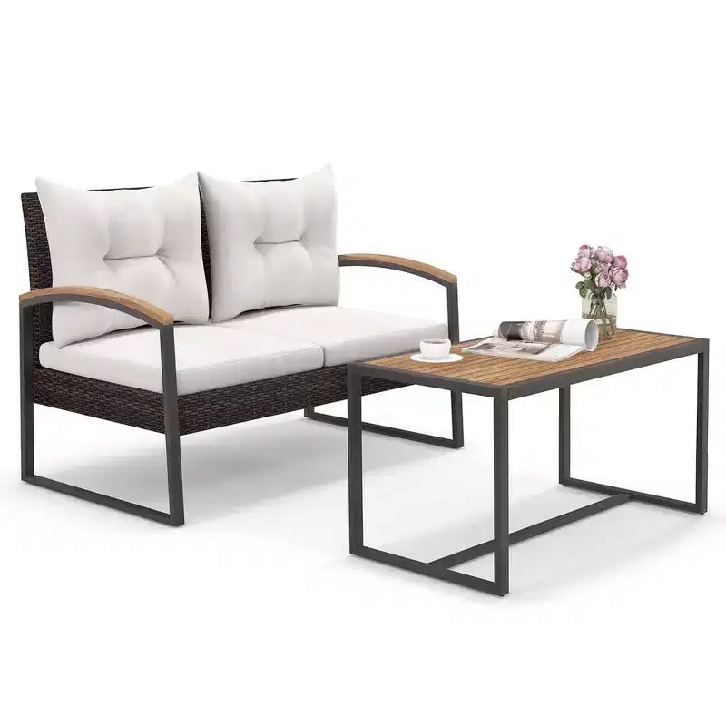 Costway Juego de Muebles de Patio de Ratán PE de 2 Piezas Sofá de Dos Plazas con Mesa de Centro de Madera de Acacia para Exterior