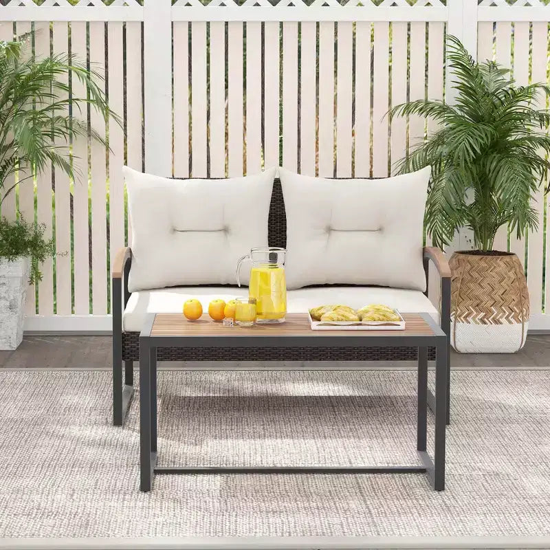 Costway Juego de Muebles de Patio de Ratán PE de 2 Piezas Sofá de Dos Plazas con Mesa de Centro de Madera de Acacia para Exterior