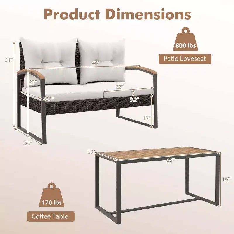 Costway Juego de Muebles de Patio de Ratán PE de 2 Piezas Sofá de Dos Plazas con Mesa de Centro de Madera de Acacia para Exterior