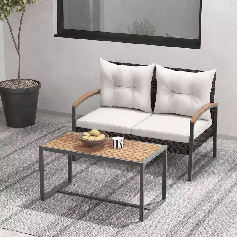 Costway Juego de Muebles de Patio de Ratán PE de 2 Piezas Sofá de Dos Plazas con Mesa de Centro de Madera de Acacia para Exterior