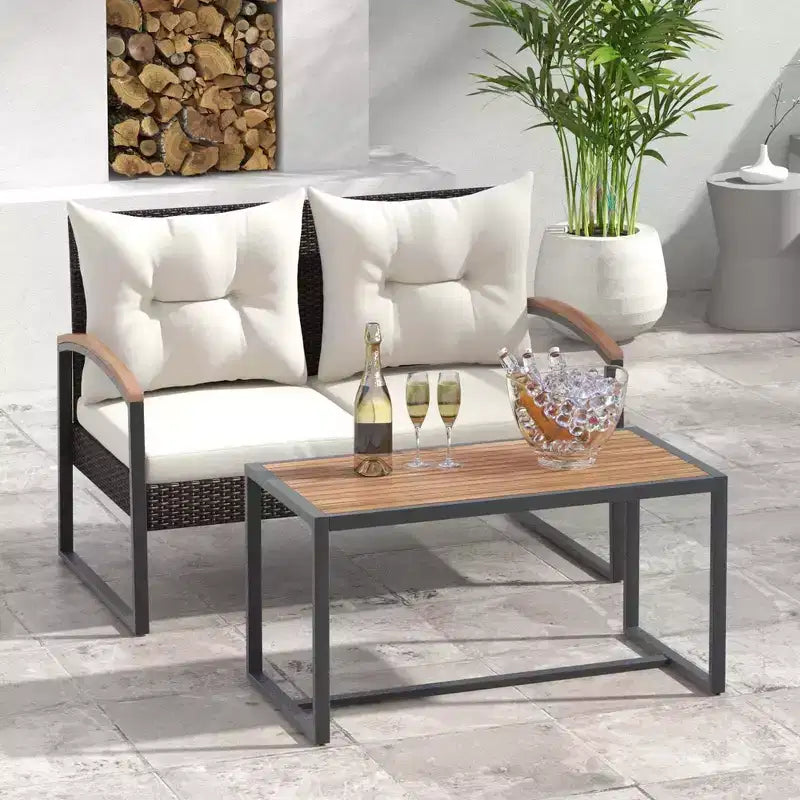 Costway Juego de Muebles de Patio de Ratán PE de 2 Piezas Sofá de Dos Plazas con Mesa de Centro de Madera de Acacia para Exterior