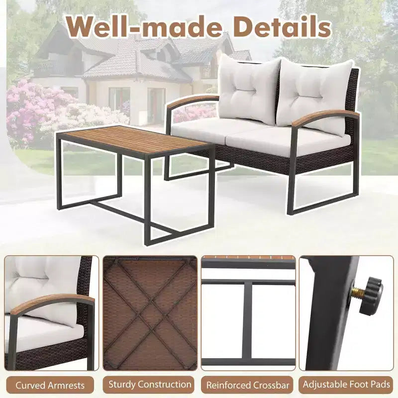 Costway Juego de Muebles de Patio de Ratán PE de 2 Piezas Sofá de Dos Plazas con Mesa de Centro de Madera de Acacia para Exterior