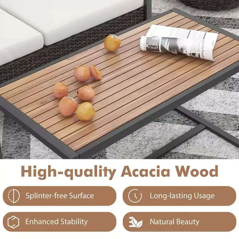 Costway Juego de Muebles de Patio de Ratán PE de 2 Piezas Sofá de Dos Plazas con Mesa de Centro de Madera de Acacia para Exterior