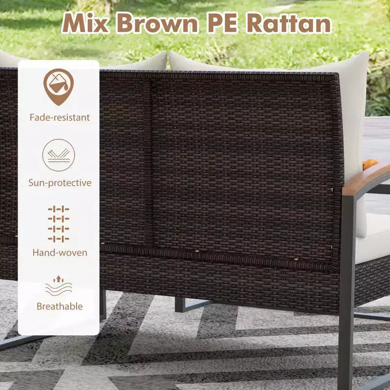Costway Juego de Muebles de Patio de Ratán PE de 2 Piezas Sofá de Dos Plazas con Mesa de Centro de Madera de Acacia para Exterior