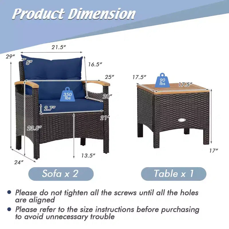 Costway Juego de Muebles de Patio de Ratán de 3 Piezas, Reposabrazos de Madera, Mesa con Cojín, Beige/Azul Marino/Blanco Roto