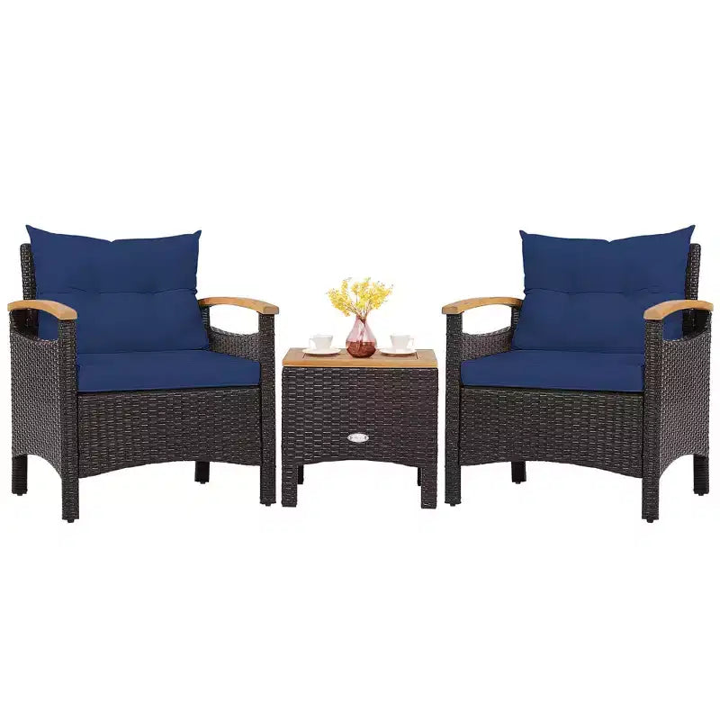 Costway Juego de Muebles de Patio de Ratán de 3 Piezas, Reposabrazos de Madera, Mesa con Cojín, Beige/Azul Marino/Blanco Roto