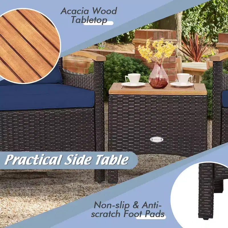 Costway Juego de Muebles de Patio de Ratán de 3 Piezas, Reposabrazos de Madera, Mesa con Cojín, Beige/Azul Marino/Blanco Roto