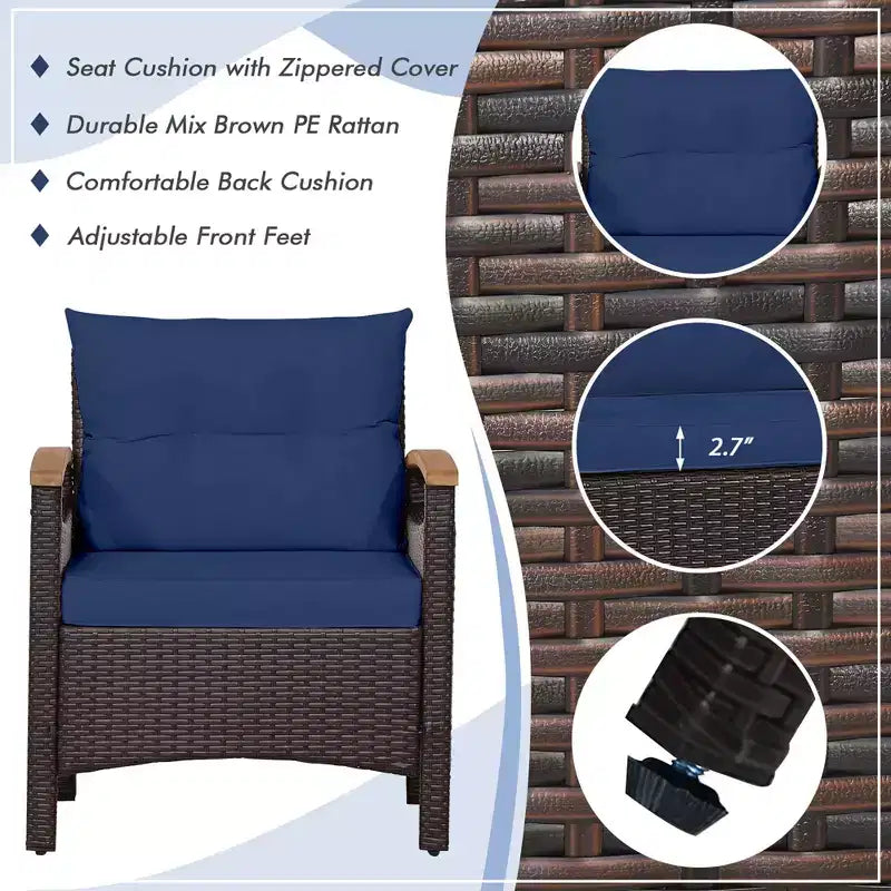 Costway Juego de Muebles de Patio de Ratán de 3 Piezas, Reposabrazos de Madera, Mesa con Cojín, Beige/Azul Marino/Blanco Roto