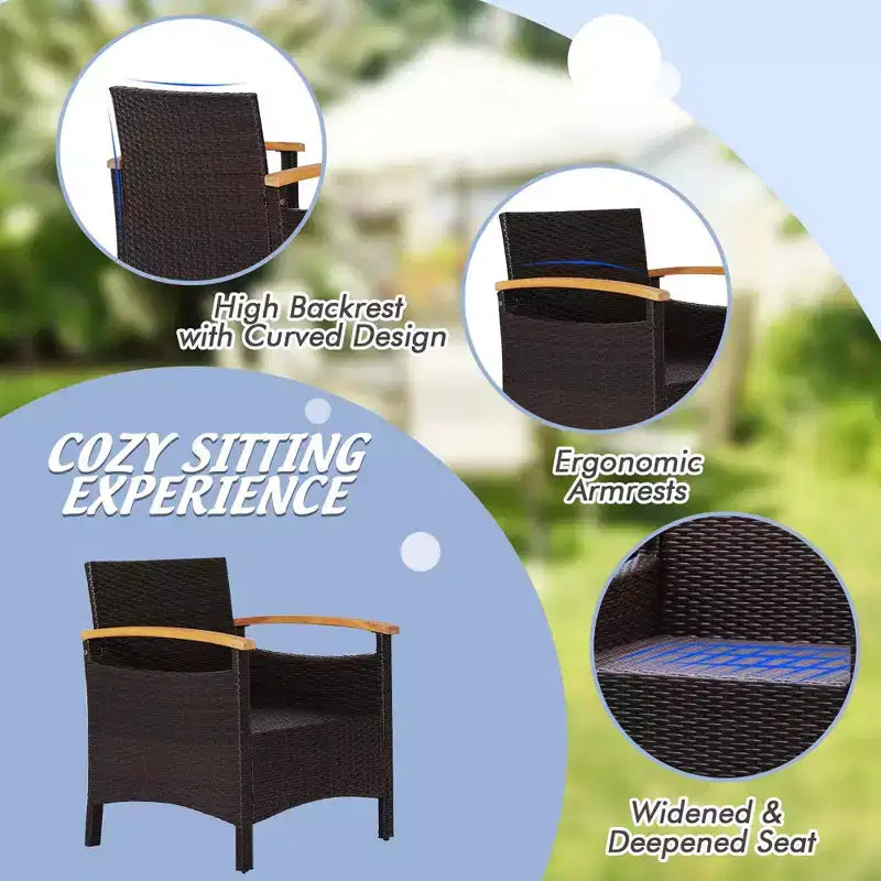 Costway Juego de Muebles de Patio de Ratán de 3 Piezas, Reposabrazos de Madera, Mesa con Cojín, Beige/Azul Marino/Blanco Roto