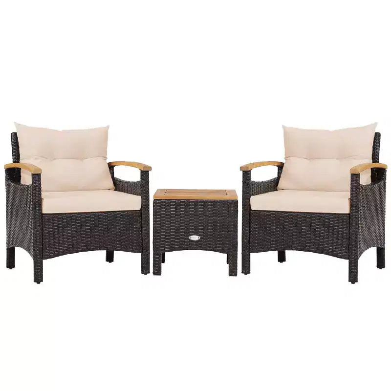 Costway Juego de Muebles de Patio de Ratán de 3 Piezas, Reposabrazos de Madera, Mesa con Cojín, Beige/Azul Marino/Blanco Roto