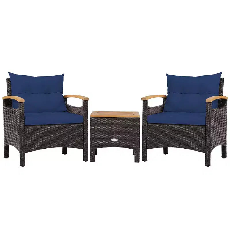 Costway Juego de Muebles de Patio de Ratán de 3 Piezas, Reposabrazos de Madera, Mesa con Cojín, Beige/Azul Marino/Blanco Roto
