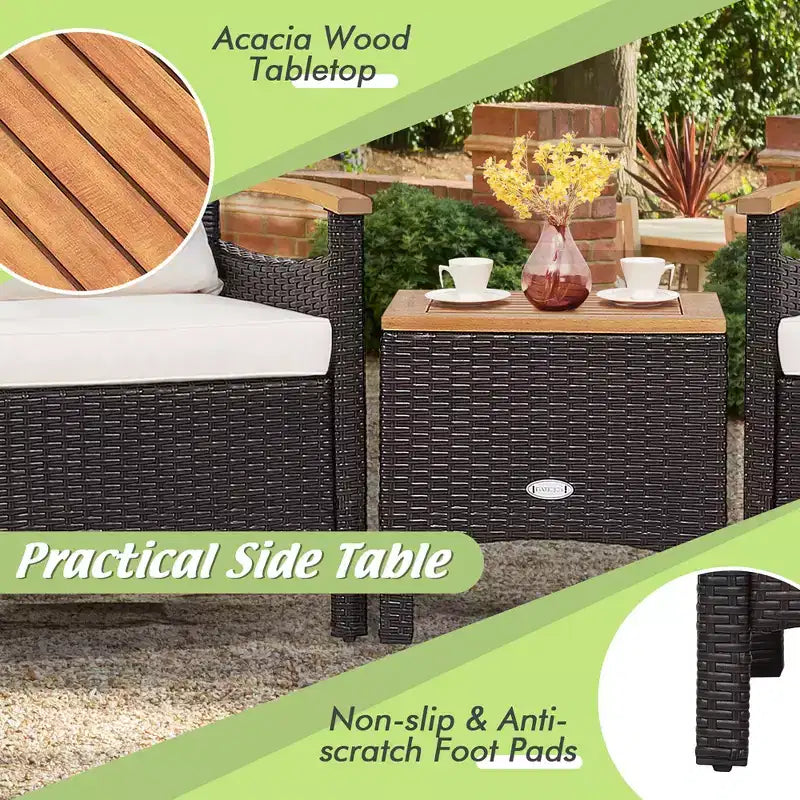 Costway Juego de Muebles de Patio de Ratán de 3 Piezas, Reposabrazos de Madera, Mesa con Cojín, Beige/Azul Marino/Blanco Roto