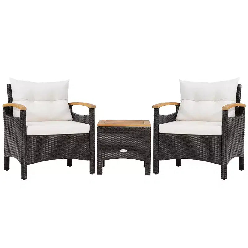 Costway Juego de Muebles de Patio de Ratán de 3 Piezas, Reposabrazos de Madera, Mesa con Cojín, Beige/Azul Marino/Blanco Roto