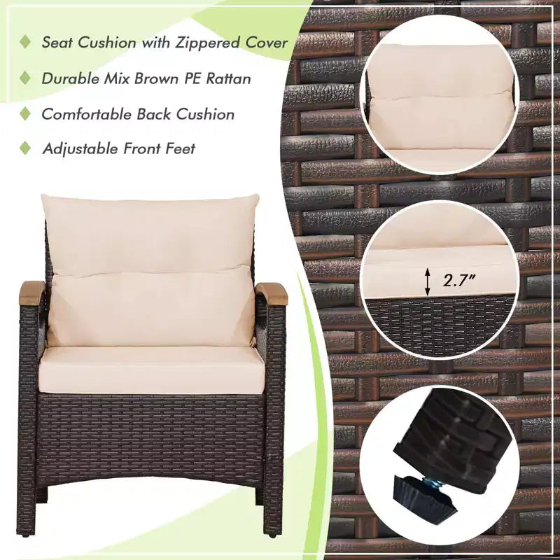 Costway Juego de Muebles de Patio de Ratán de 3 Piezas, Reposabrazos de Madera, Mesa con Cojín, Beige/Azul Marino/Blanco Roto