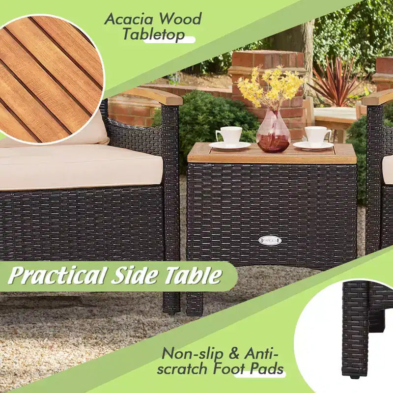 Costway Juego de Muebles de Patio de Ratán de 3 Piezas, Reposabrazos de Madera, Mesa con Cojín, Beige/Azul Marino/Blanco Roto