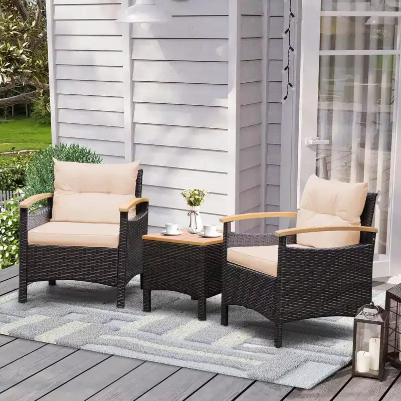 Costway 3PCS Patio Rattan Furniture Set Wooden Armrest Table Top Cushioned Deck Beige/Navy/Off White