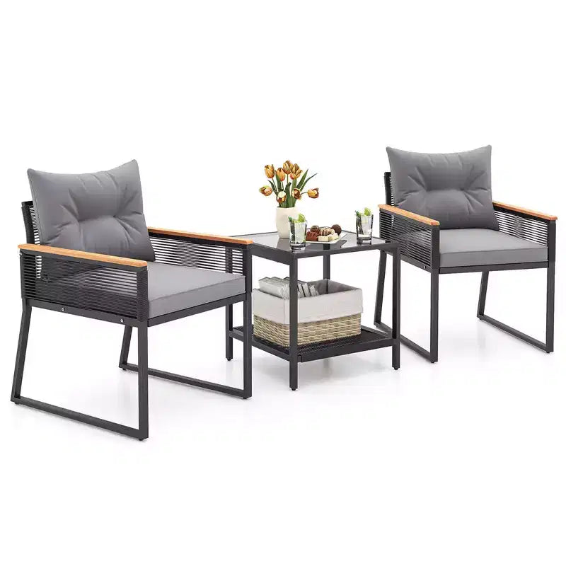 Set de conversación Costway de 3 piezas para exteriores con mesa auxiliar de 2 niveles y reposabrazos de madera de acacia