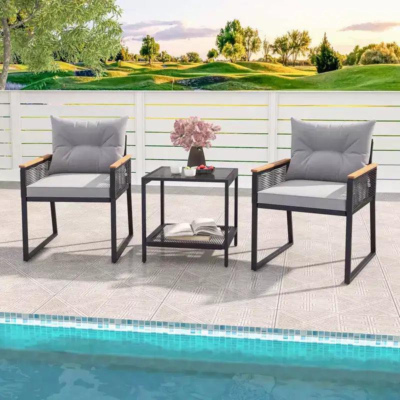 Set de conversación Costway de 3 piezas para exteriores con mesa auxiliar de 2 niveles y reposabrazos de madera de acacia