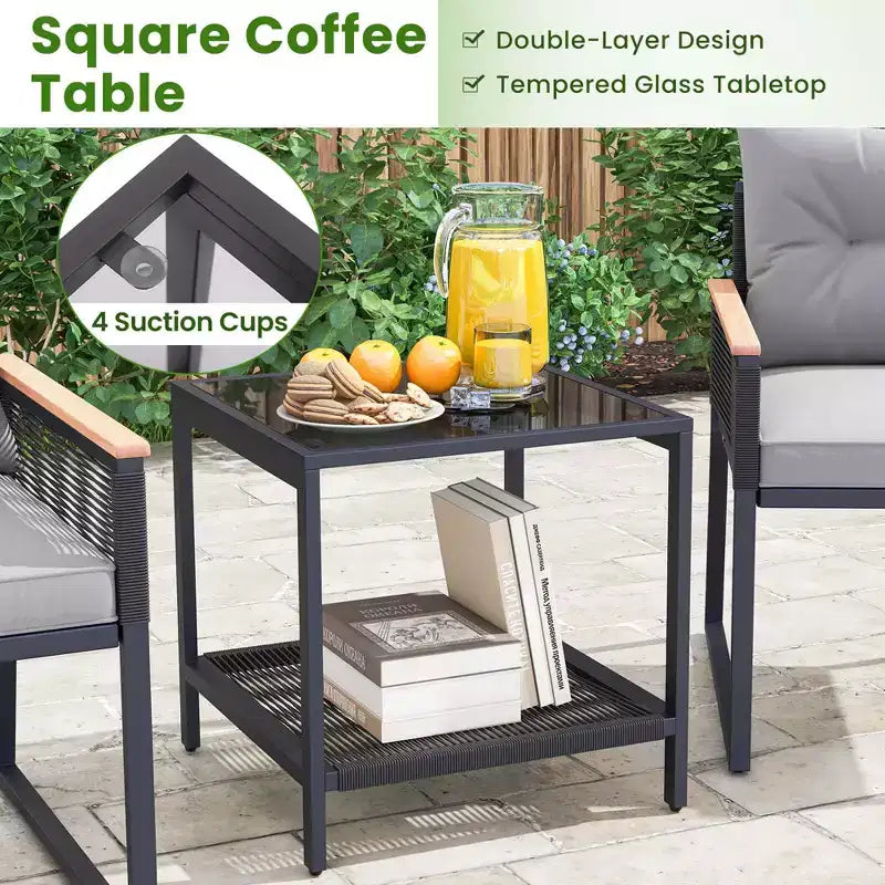 Set de conversación Costway de 3 piezas para exteriores con mesa auxiliar de 2 niveles y reposabrazos de madera de acacia