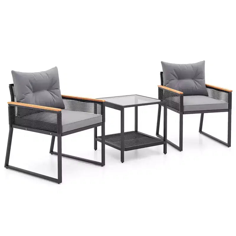 Set de conversación Costway de 3 piezas para exteriores con mesa auxiliar de 2 niveles y reposabrazos de madera de acacia