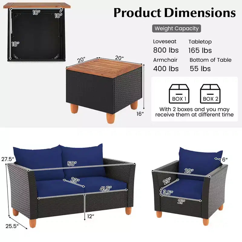 Juego de muebles de patio de mimbre Costway de 4 piezas con cojines extraíbles, mesa de centro de almacenamiento, blanco/azul marino/gris