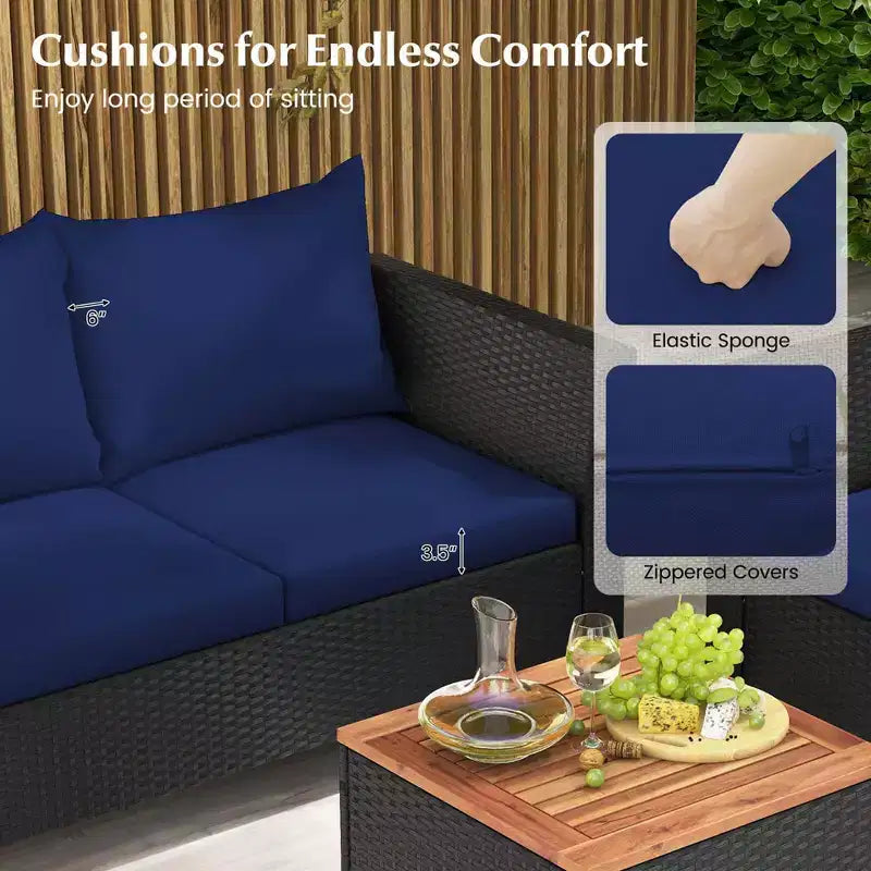 Juego de muebles de patio de mimbre Costway de 4 piezas con cojines extraíbles, mesa de centro de almacenamiento, blanco/azul marino/gris