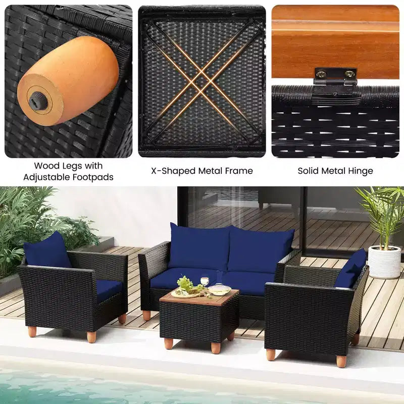 Juego de muebles de patio de mimbre Costway de 4 piezas con cojines extraíbles, mesa de centro de almacenamiento, blanco/azul marino/gris