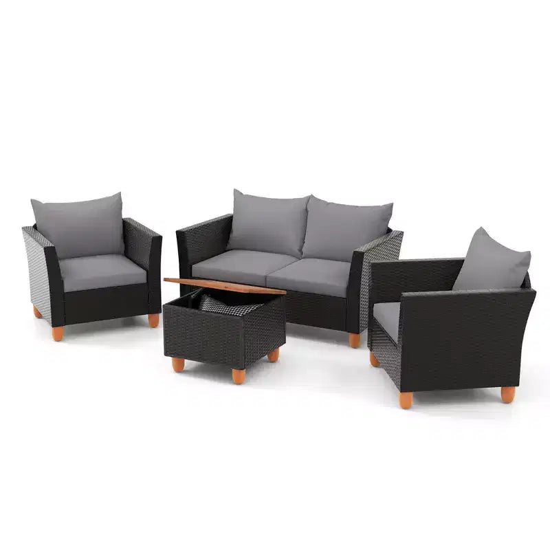 Juego de muebles de patio de mimbre Costway de 4 piezas con cojines extraíbles, mesa de centro de almacenamiento, blanco/azul marino/gris