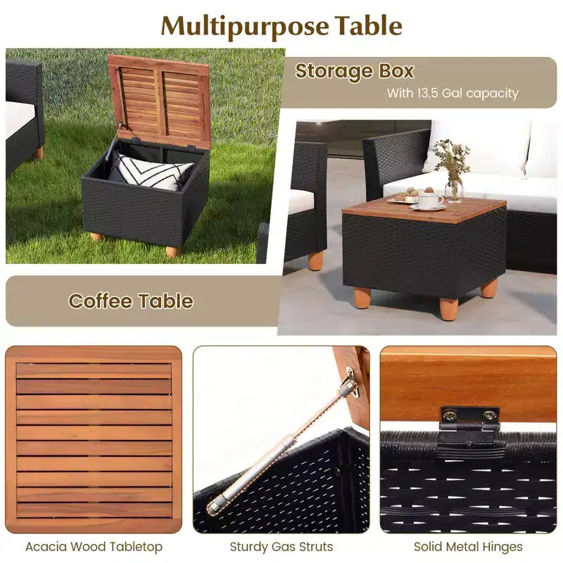 Juego de muebles de patio de mimbre Costway de 4 piezas con cojines extraíbles, mesa de centro de almacenamiento, blanco/azul marino/gris