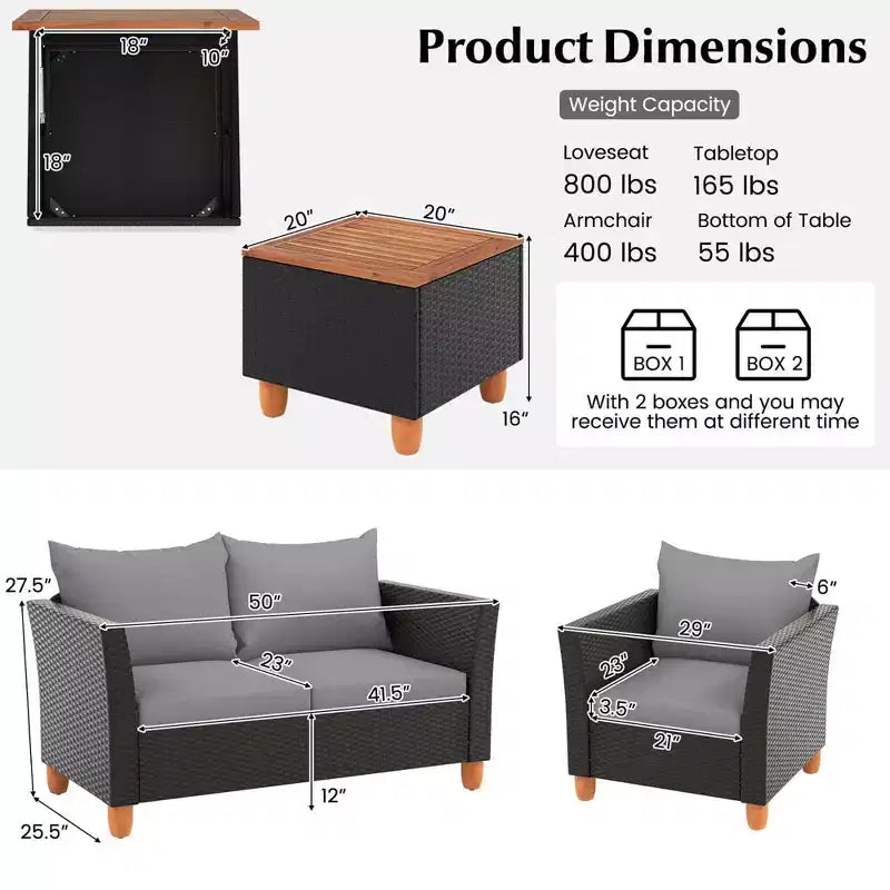 Juego de muebles de patio de mimbre Costway de 4 piezas con cojines extraíbles, mesa de centro de almacenamiento, blanco/azul marino/gris