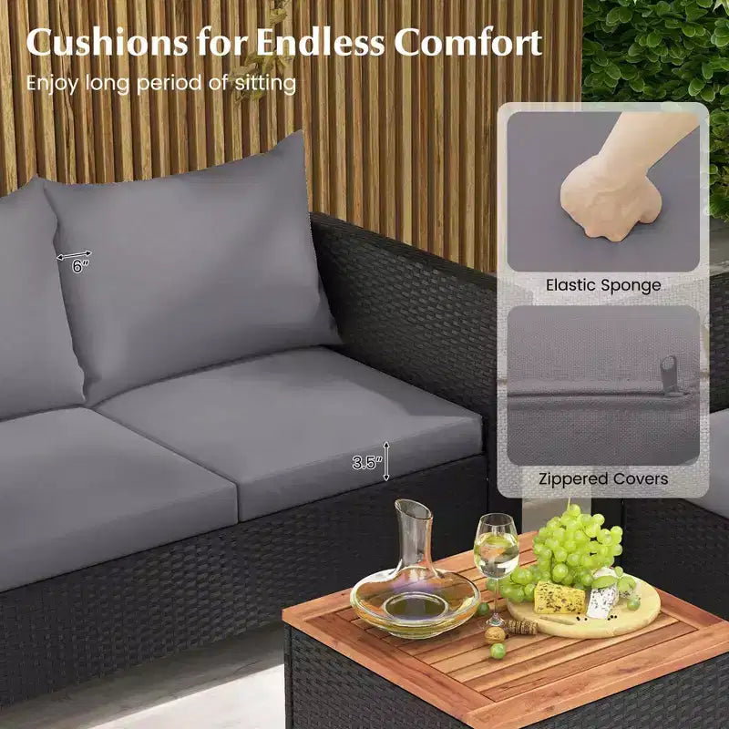 Juego de muebles de patio de mimbre Costway de 4 piezas con cojines extraíbles, mesa de centro de almacenamiento, blanco/azul marino/gris