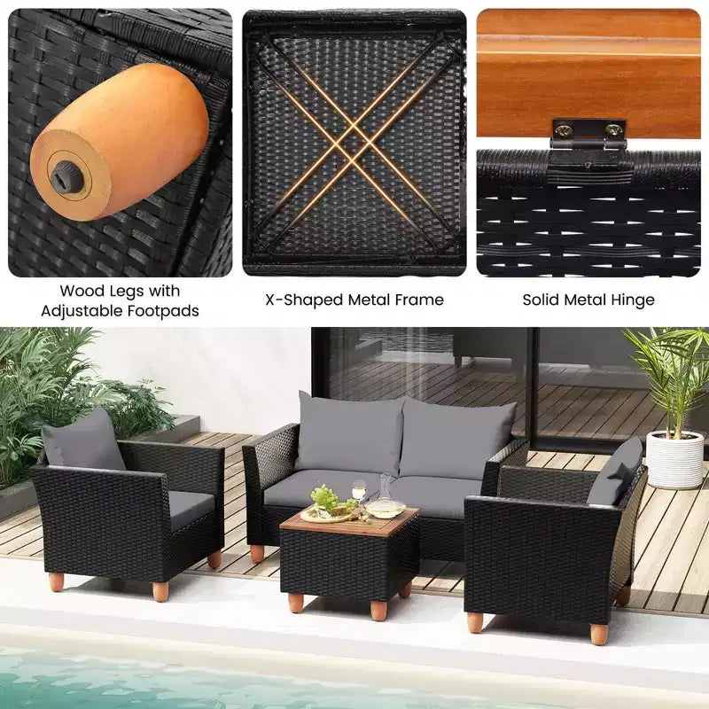 Juego de muebles de patio de mimbre Costway de 4 piezas con cojines extraíbles, mesa de centro de almacenamiento, blanco/azul marino/gris