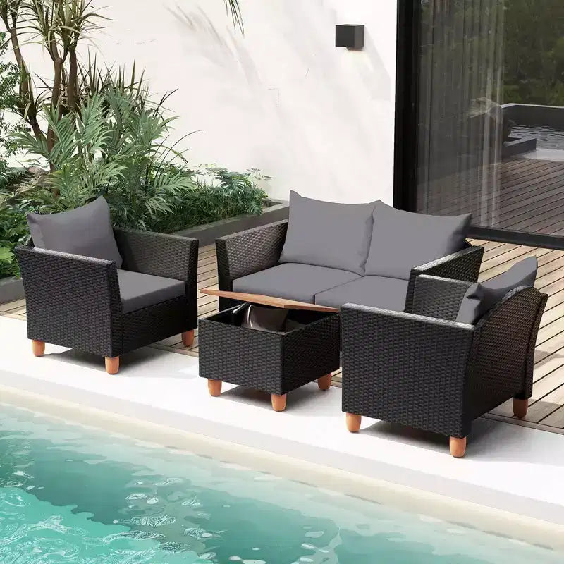 Costway 4 PCS Wicker Patio Furniture Set with Removable Cushions Storage Coffee Table White/Navy/Gray