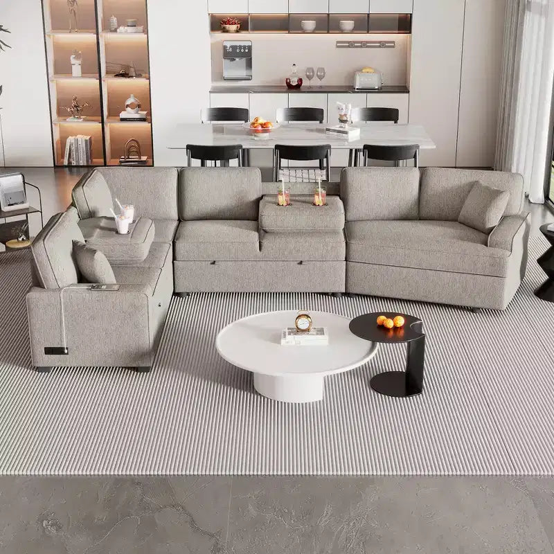126W Convertible Sectional Sofa Couch Set, Pull-out Sleeper Sofa Bed with Charging Devices and Cup Holders 4S -ModernLuxe