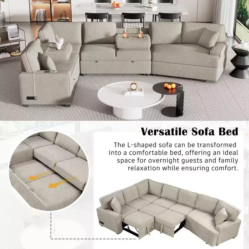 Canapé sectionnel convertible 126W, canapé-lit gigogne avec dispositifs de charge et porte-gobelets 4S -ModernLuxe