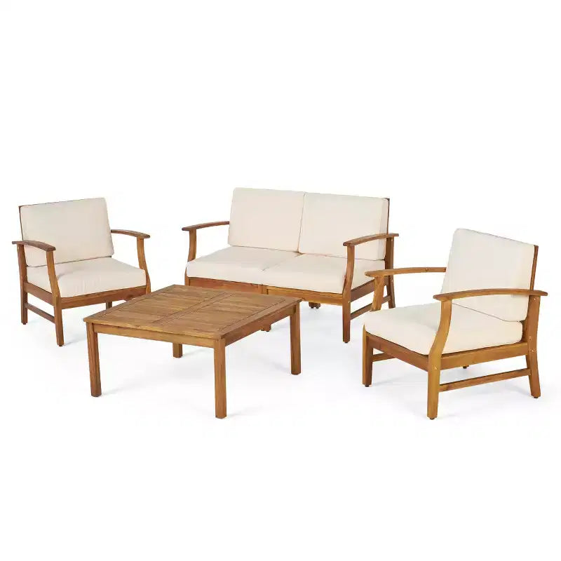 GDFStudio Abena Outdoor Acacia Wood 4 Seater Chat Set with Cushions, Teak and Cream