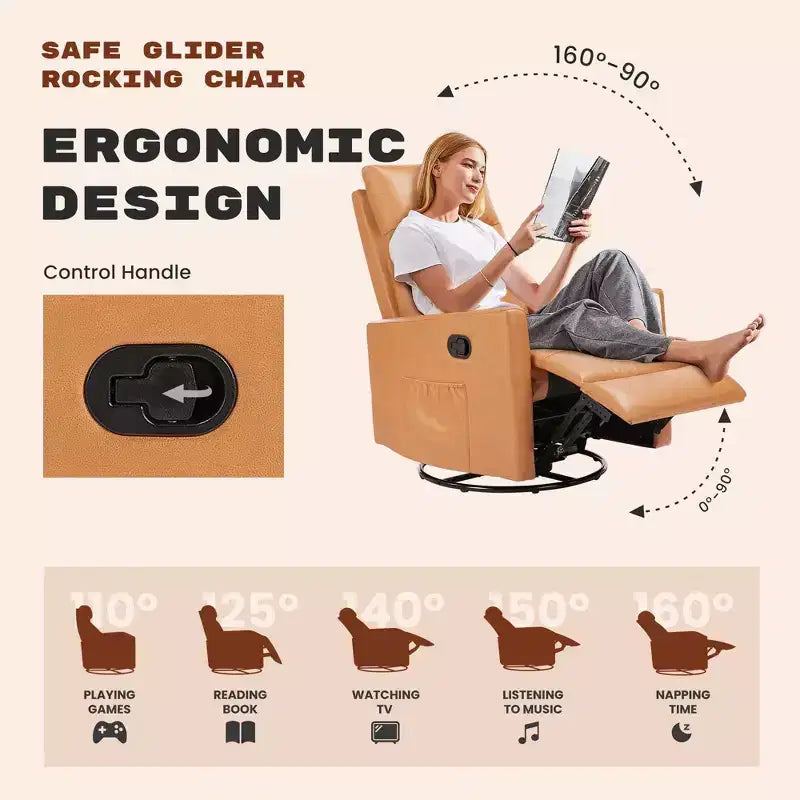 JIONJOY Manual Recliner Chair with Swivel & Glide - 3-Position Rocking Recliner, Easy Assembly Living Room Armchair with Storage Pocket- Brown