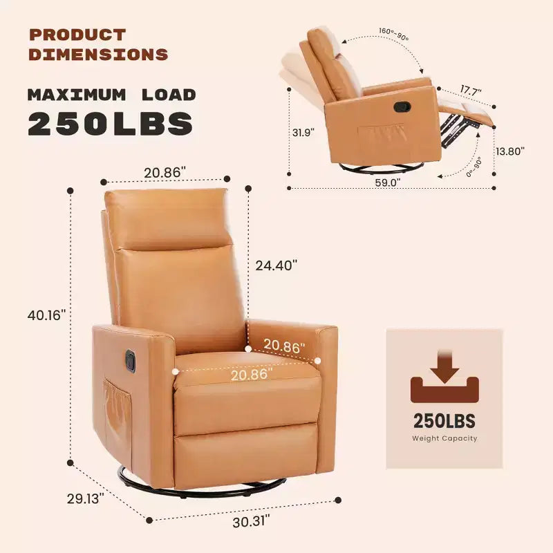 JIONJOY Manual Recliner Chair with Swivel & Glide - 3-Position Rocking Recliner, Easy Assembly Living Room Armchair with Storage Pocket- Brown