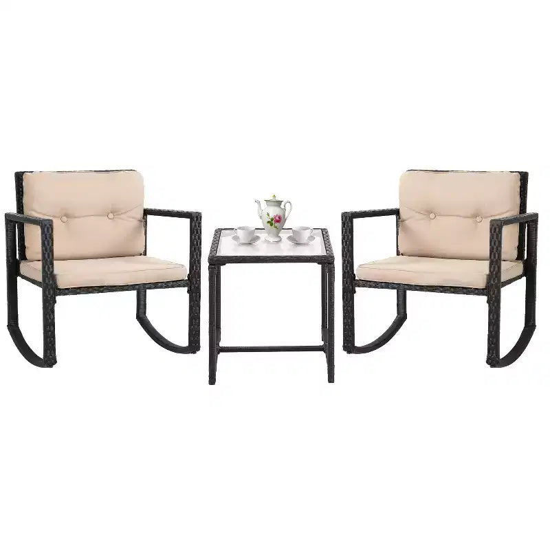 FDW 3 Piece Patio Furniture Set Outdoor Rocking Chairs Bistro Sets All-Weather Rattan Chair with Cushions&Glass-Top Coffee Table