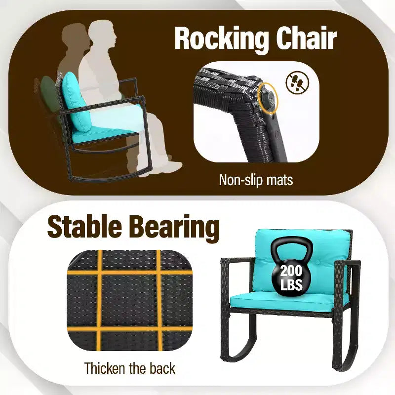 FDW Juego de Muebles de Patio de 3 Piezas, Sillas Mecedoras de Exterior, Conjuntos de Bistró, Silla de Ratán para Todo Clima con Cojines y Mesa de Centro con Tapa de Cristal