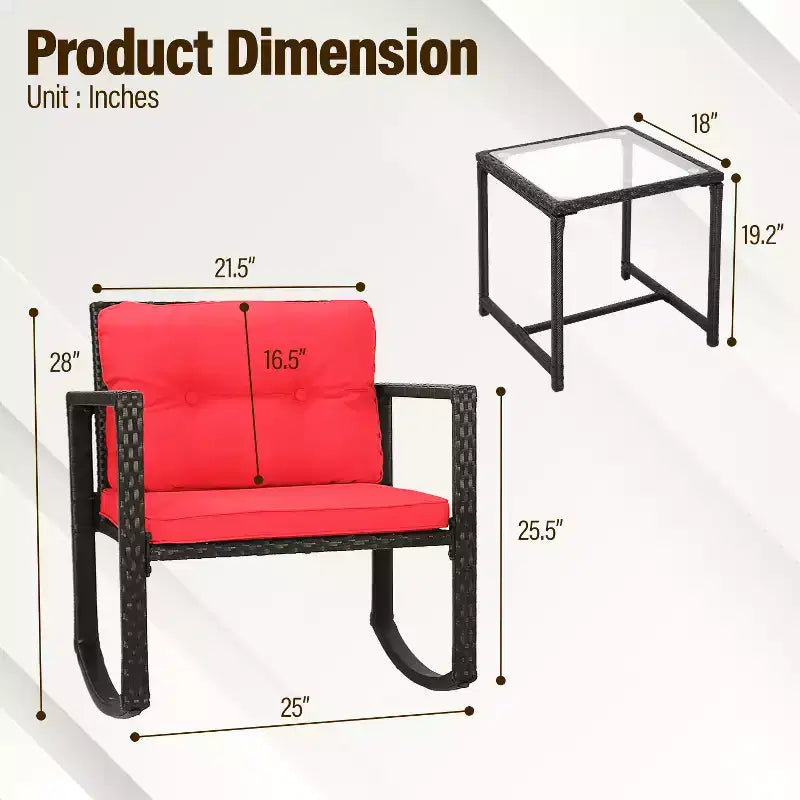 FDW Juego de Muebles de Patio de 3 Piezas, Sillas Mecedoras de Exterior, Conjuntos de Bistró, Silla de Ratán para Todo Clima con Cojines y Mesa de Centro con Tapa de Cristal