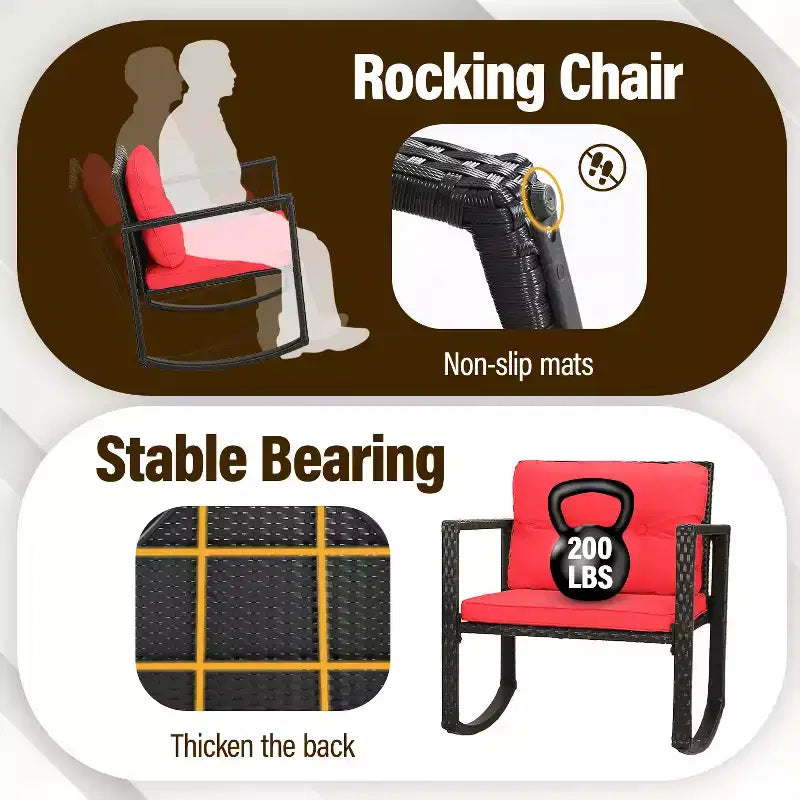 FDW Juego de Muebles de Patio de 3 Piezas, Sillas Mecedoras de Exterior, Conjuntos de Bistró, Silla de Ratán para Todo Clima con Cojines y Mesa de Centro con Tapa de Cristal