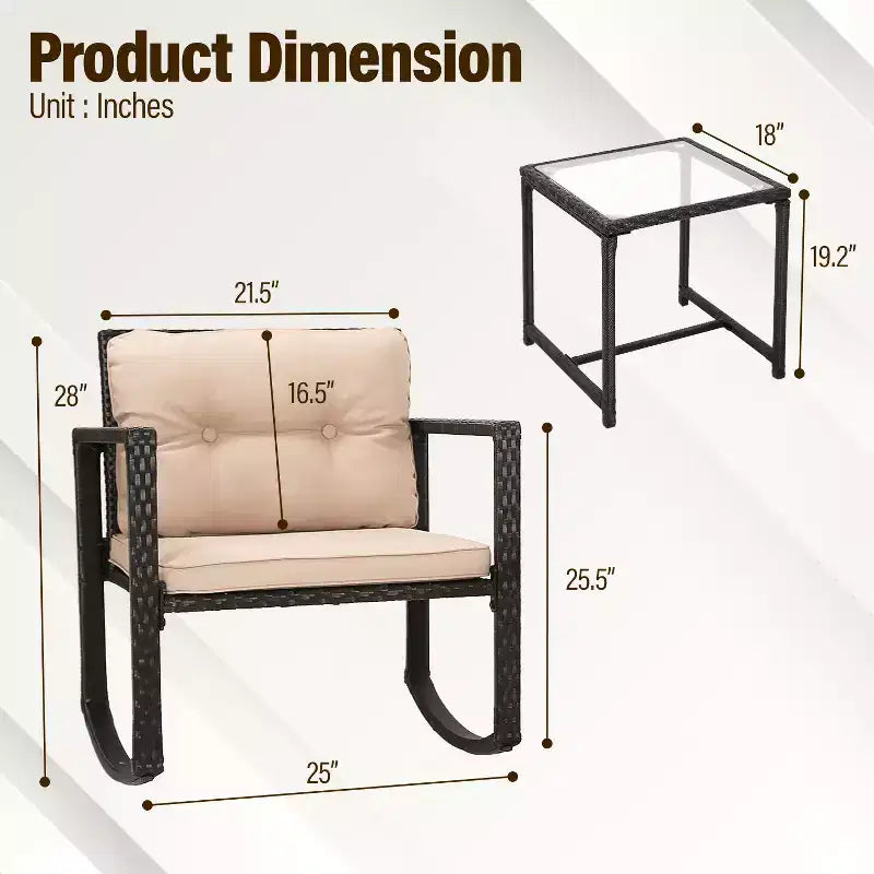 FDW Juego de Muebles de Patio de 3 Piezas, Sillas Mecedoras de Exterior, Conjuntos de Bistró, Silla de Ratán para Todo Clima con Cojines y Mesa de Centro con Tapa de Cristal