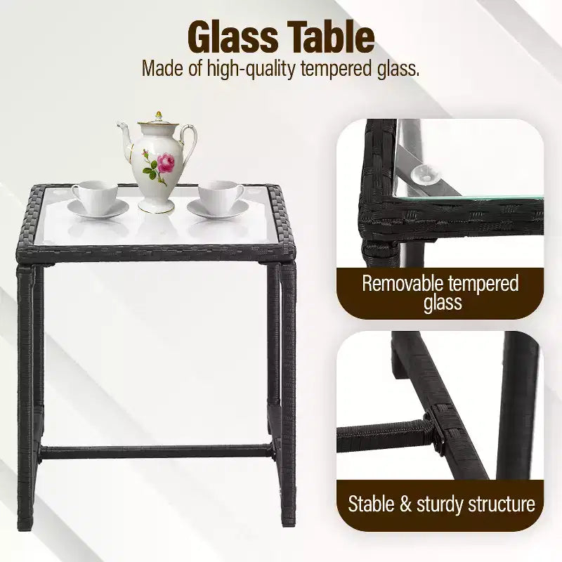 FDW Juego de Muebles de Patio de 3 Piezas, Sillas Mecedoras de Exterior, Conjuntos de Bistró, Silla de Ratán para Todo Clima con Cojines y Mesa de Centro con Tapa de Cristal